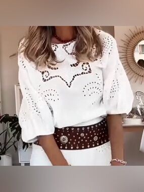 Zara White Eyelet Puff-Sleeve Blouse
